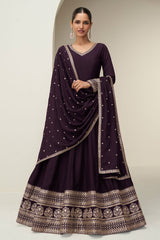 Wine Embroidered Anarkali with Dupatta Suit Elegant Festive & Ethnic Wear