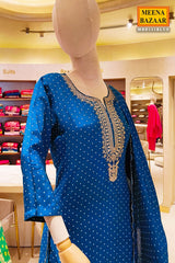 Blue Neck Embroidered Silk Readymade Suit Party & Festive Wear