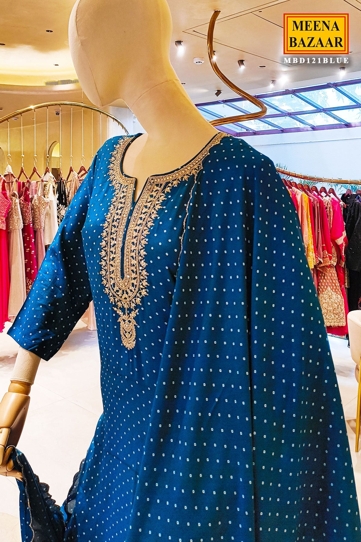 Blue Neck Embroidered Silk Readymade Suit Party & Festive Wear