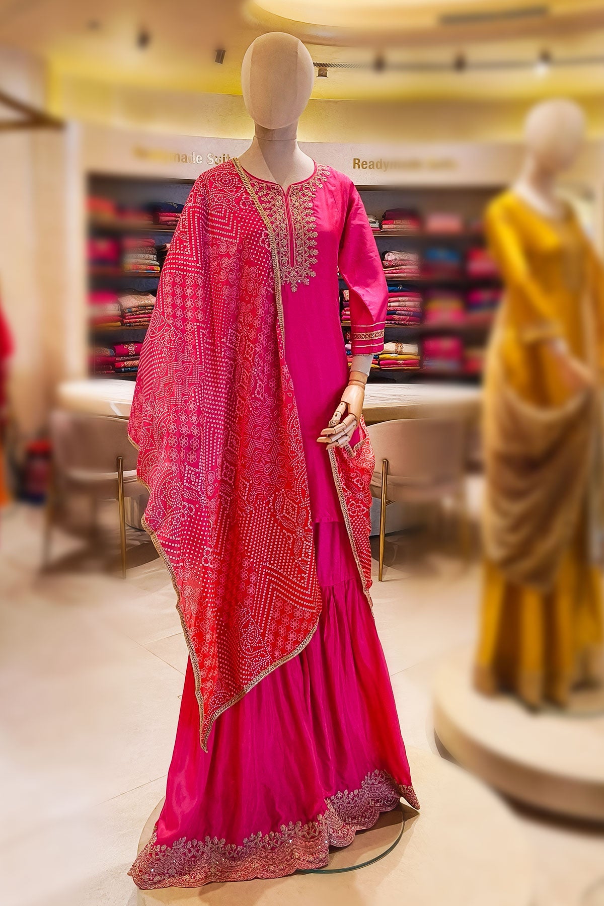 Rani Silk Neck Embroidered ReadyMade Sharara Suit Set