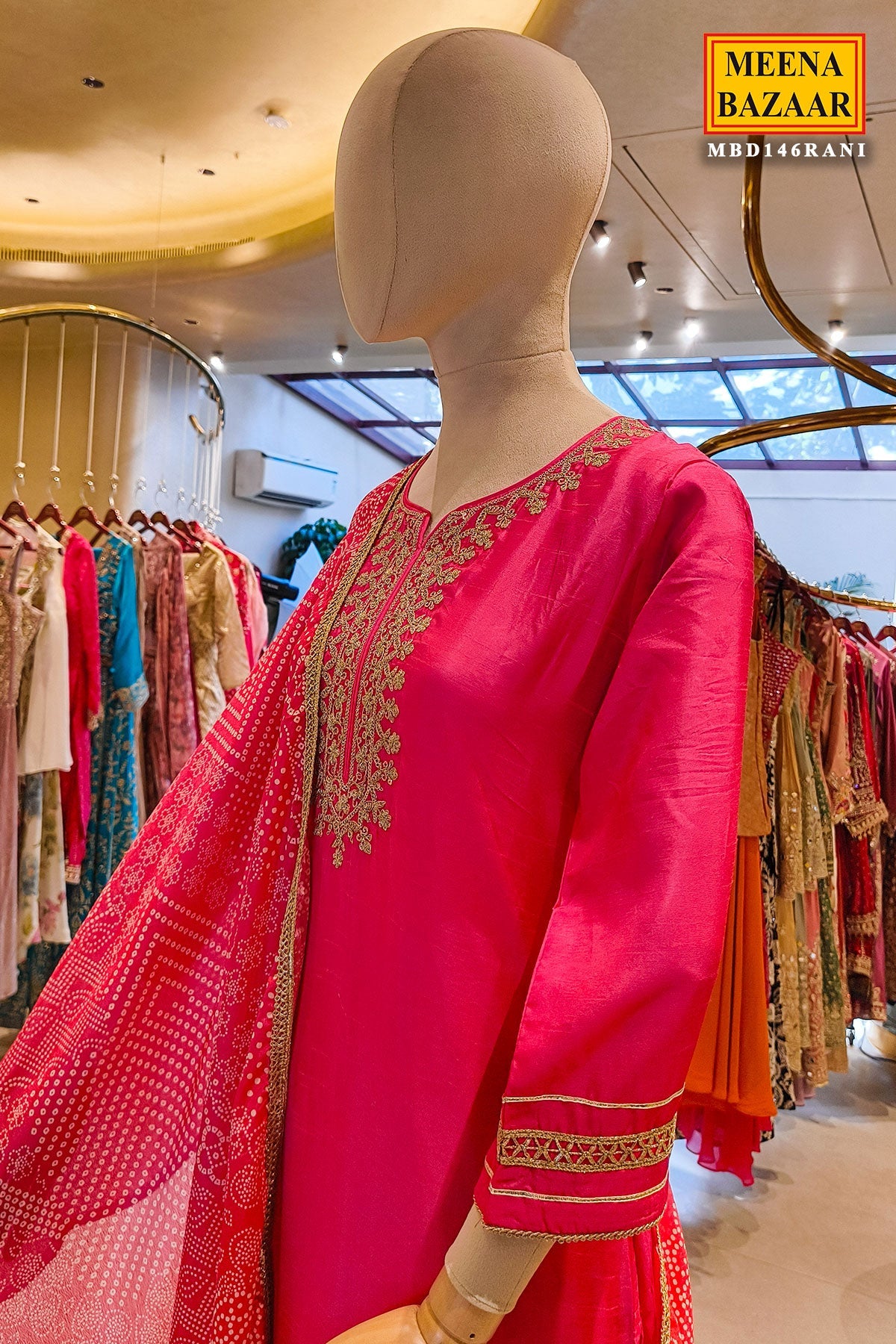 Rani Silk Neck Embroidered ReadyMade Sharara Suit Set