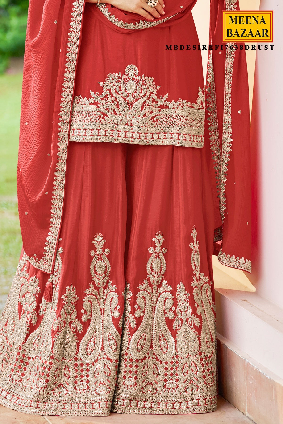Rust Embroidered Chinon Sharara Suit