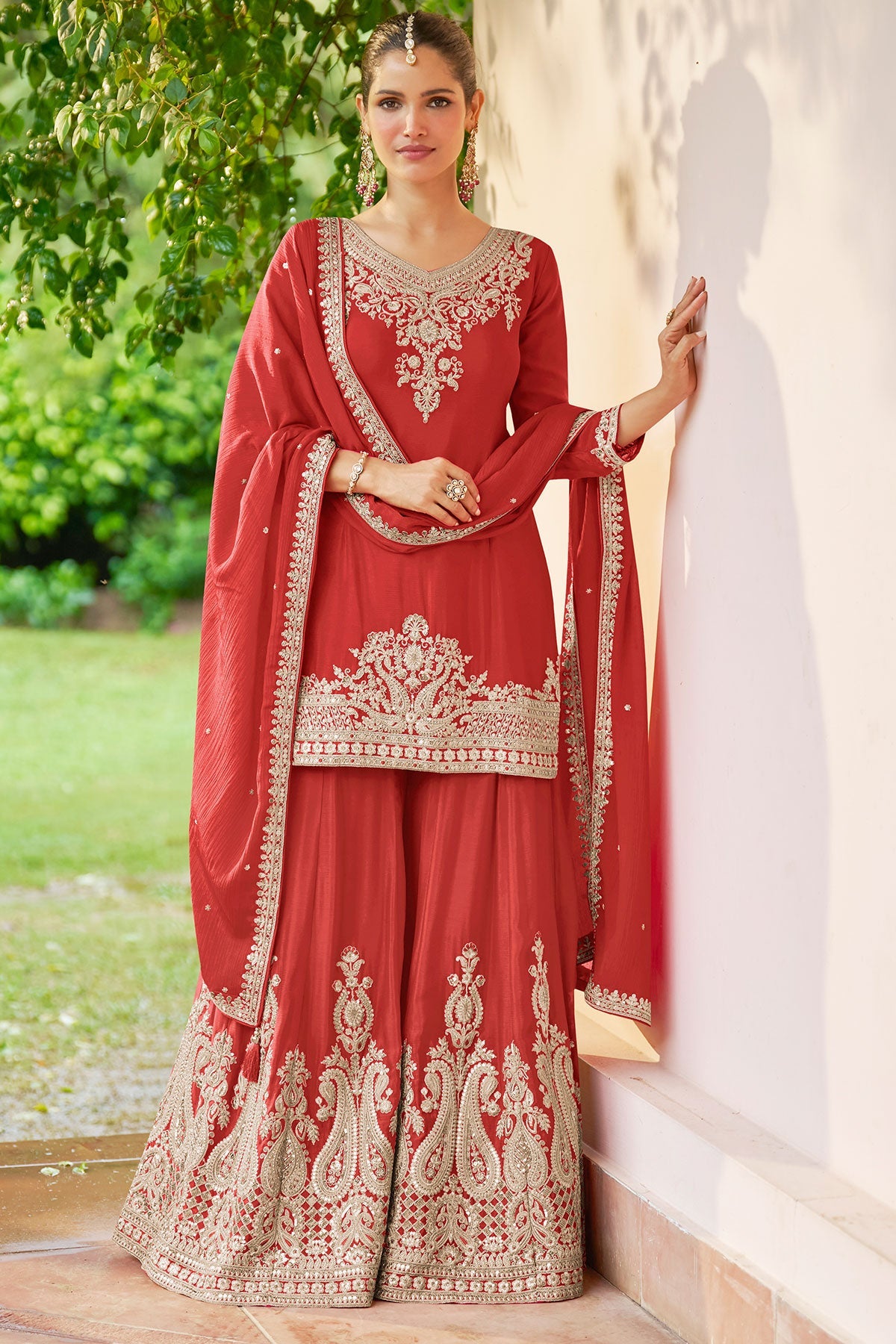 Rust Embroidered Chinon Sharara Suit