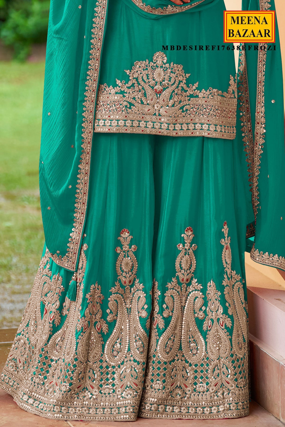 Firozi Embroidered Chinon Sharara Suit