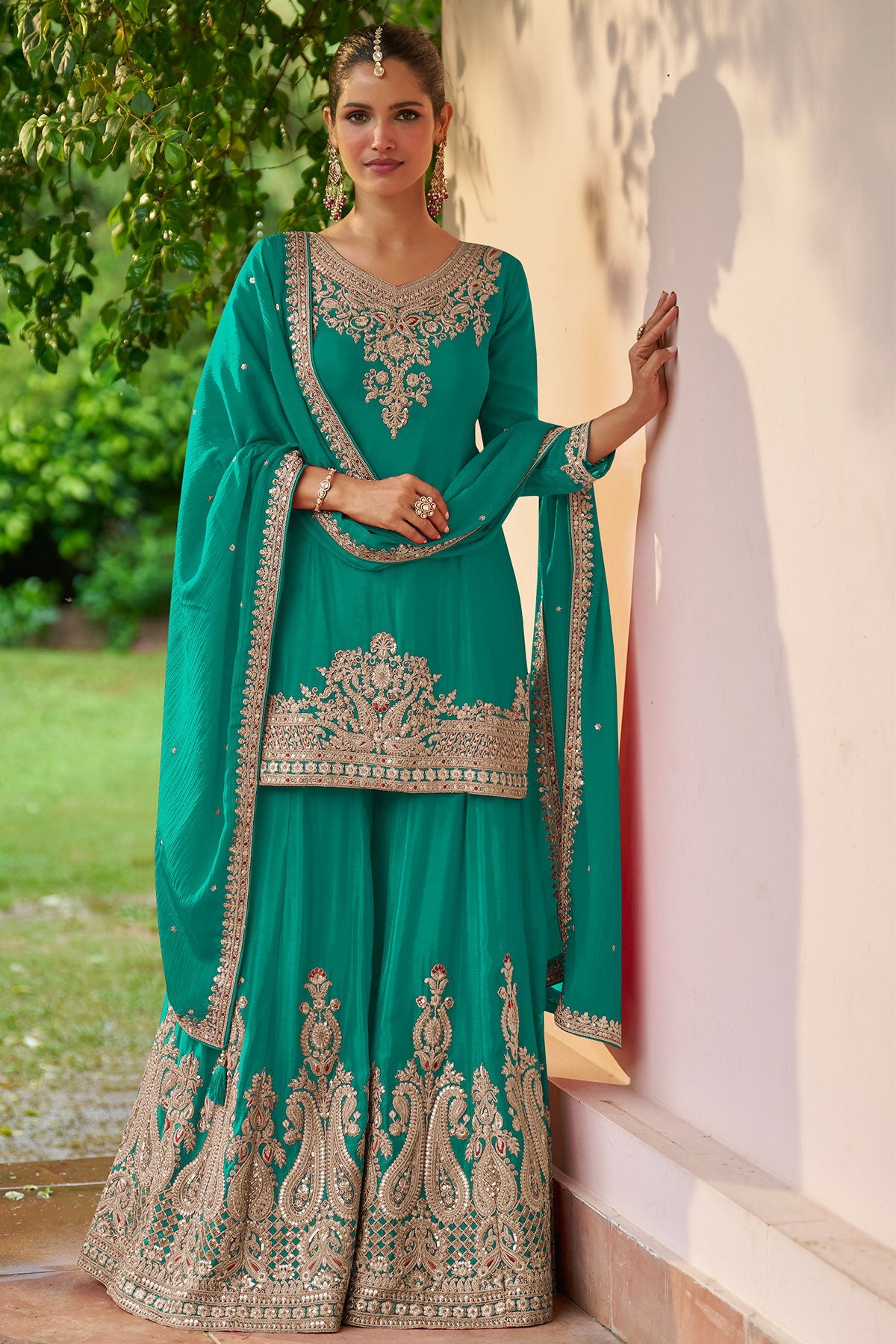 Firozi Embroidered Chinon Sharara Suit