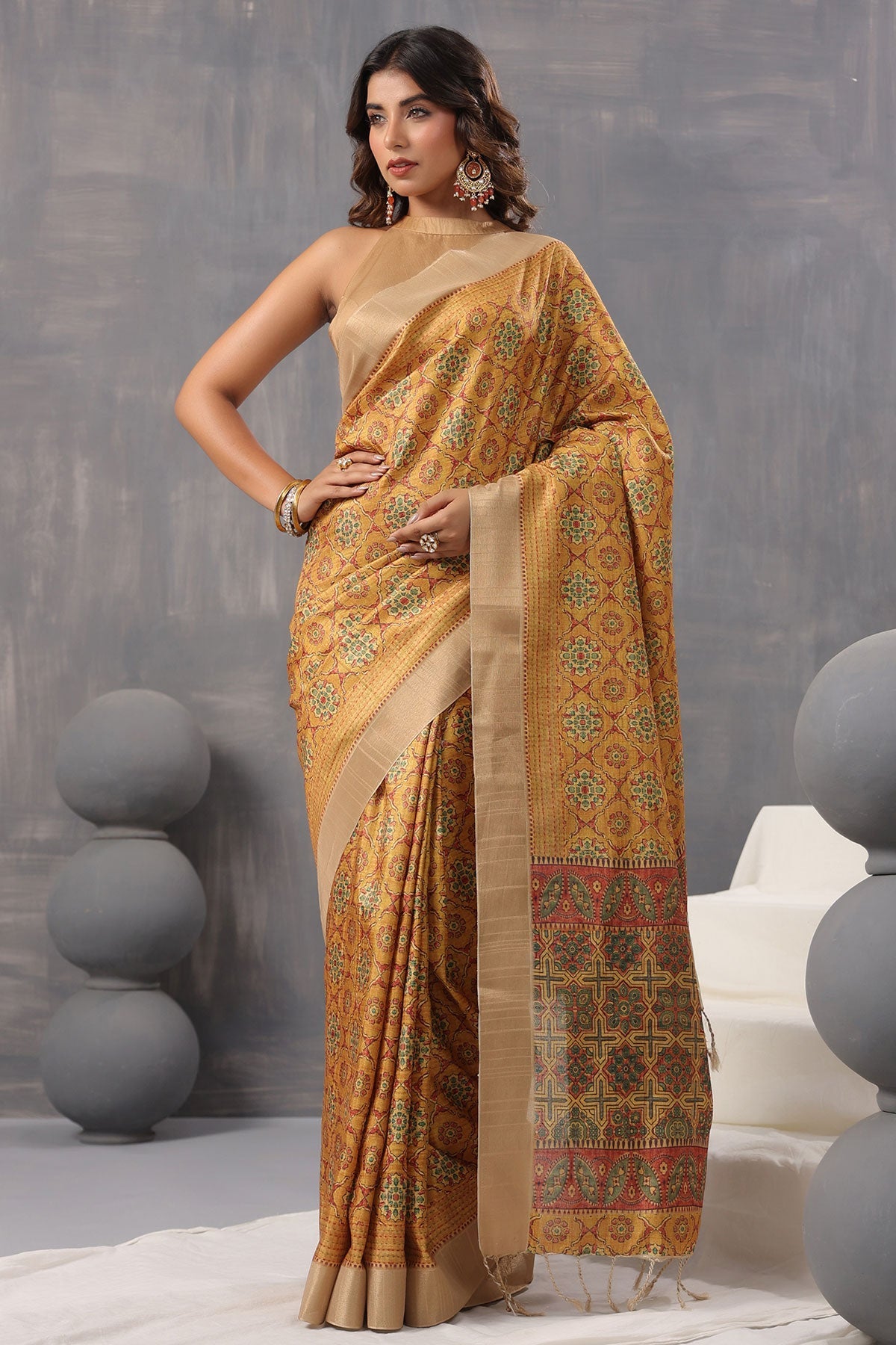 Mustard Silk Printed Saree with Elegant Designer Pattern