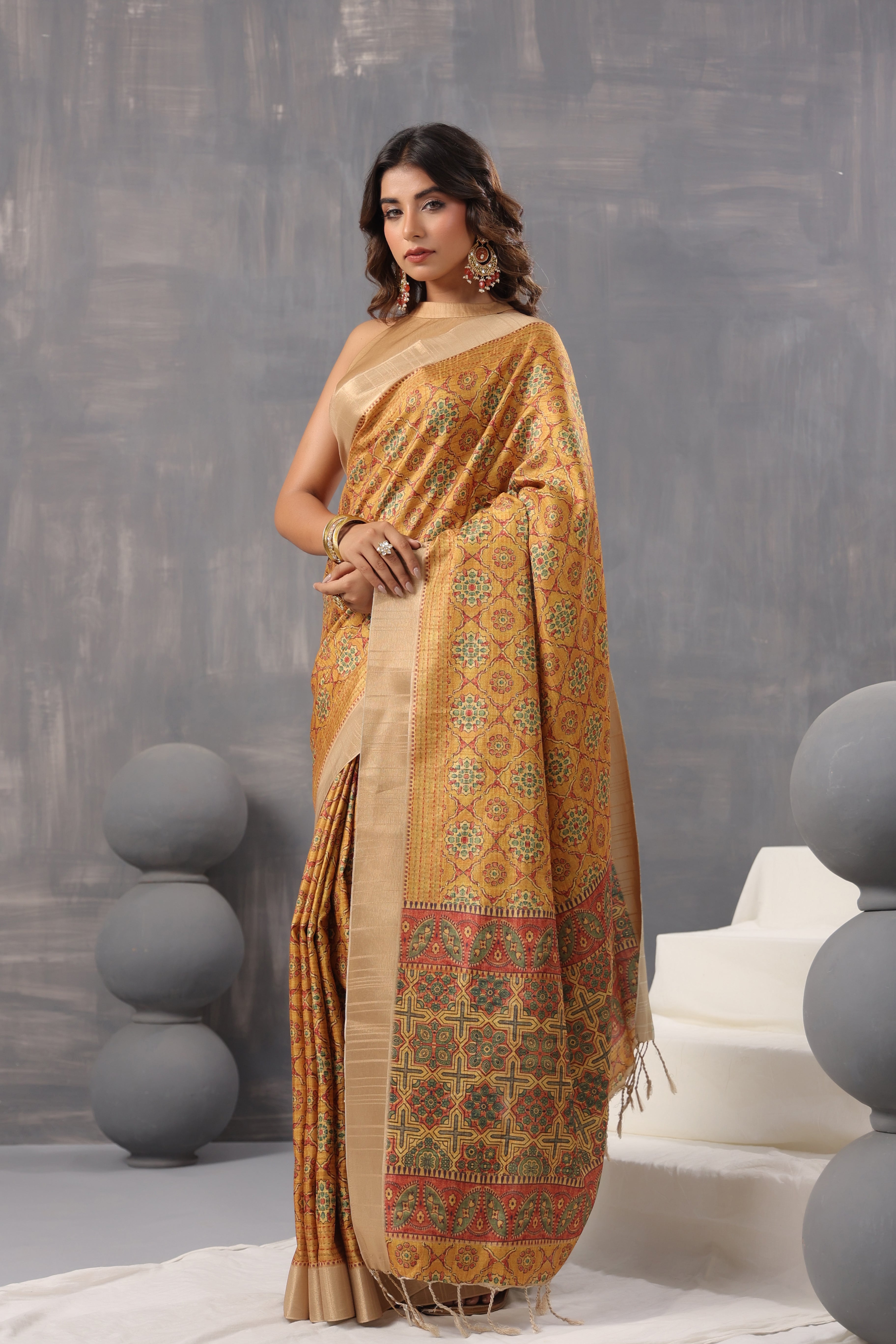 Mustard Silk Printed Saree with Elegant Designer Pattern