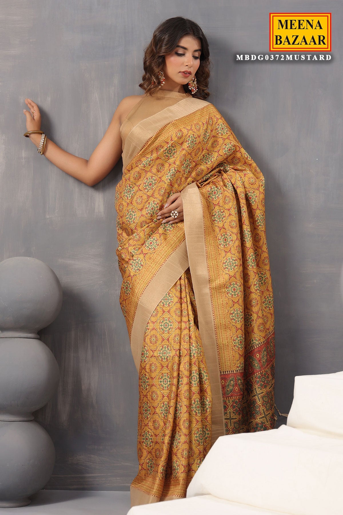 Mustard Silk Printed Saree with Elegant Designer Pattern