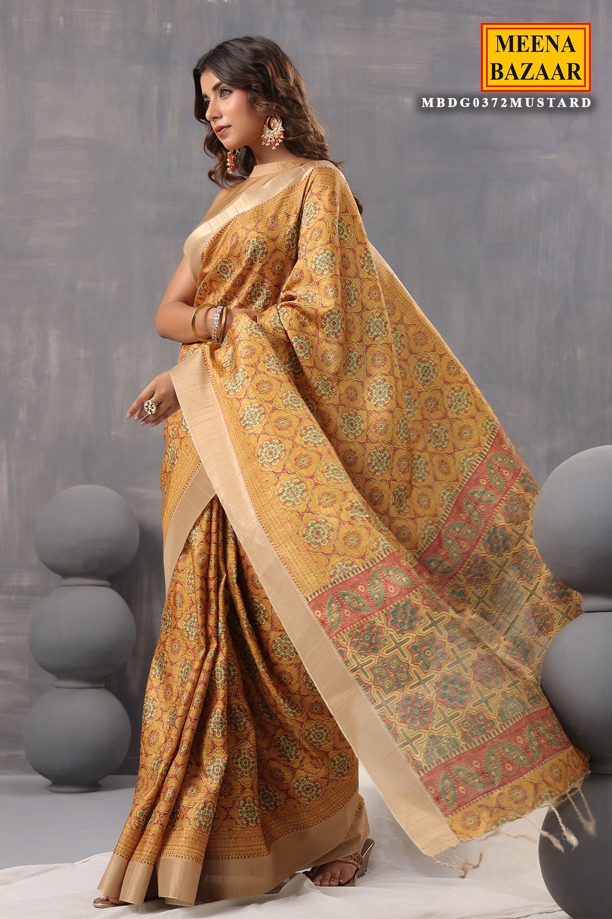 Mustard Silk Printed Saree with Elegant Designer Pattern
