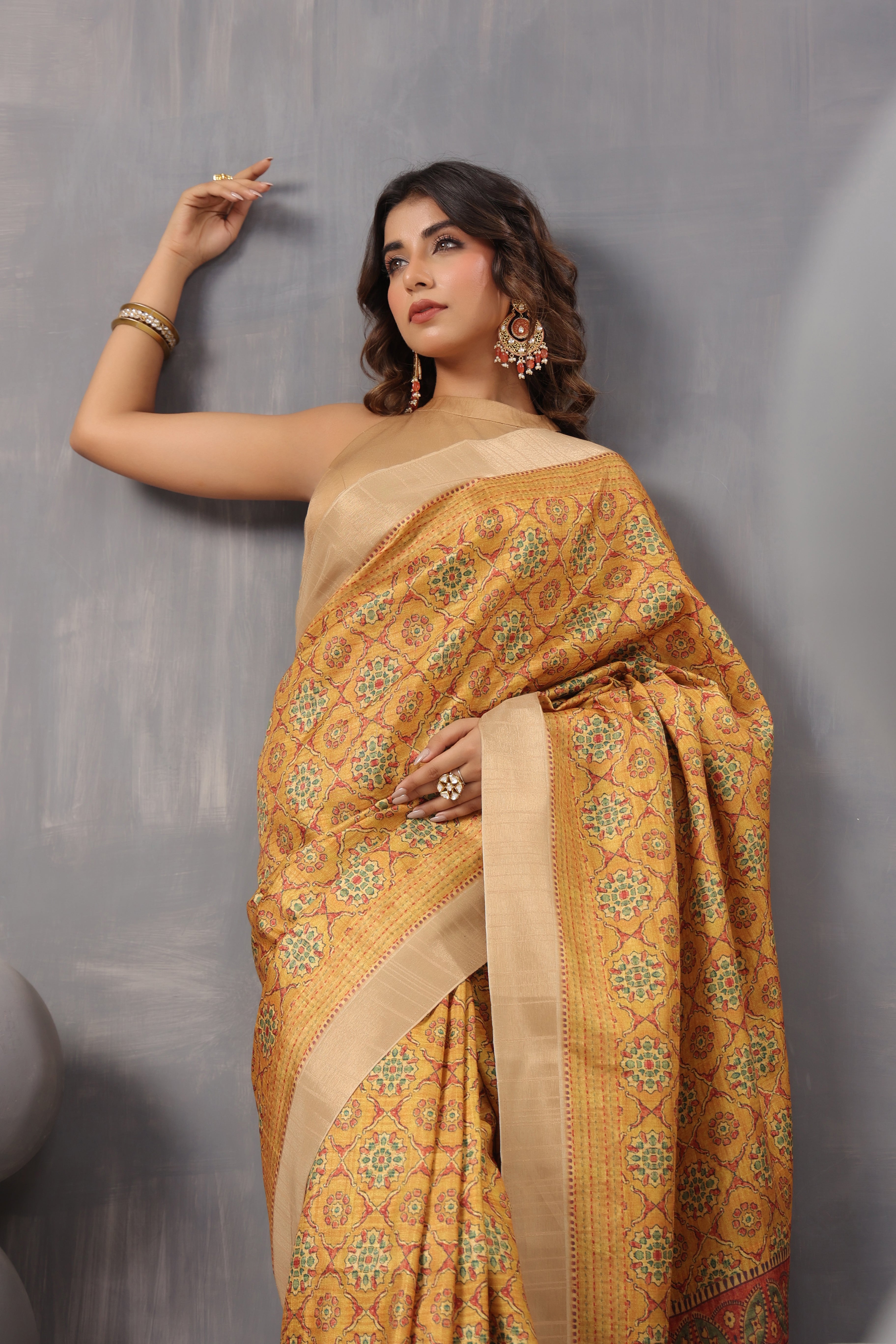 Mustard Silk Printed Saree with Elegant Designer Pattern