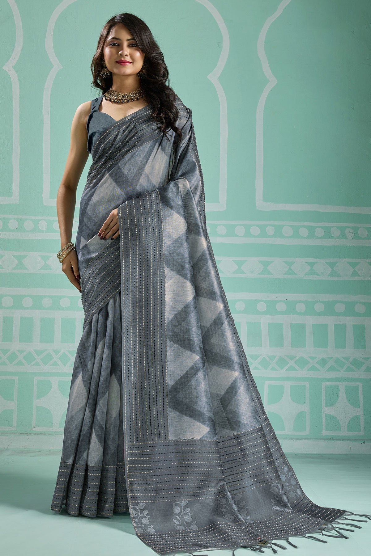 Grey Silk Embroidered Saree - Elegant Festive & Wedding Wear