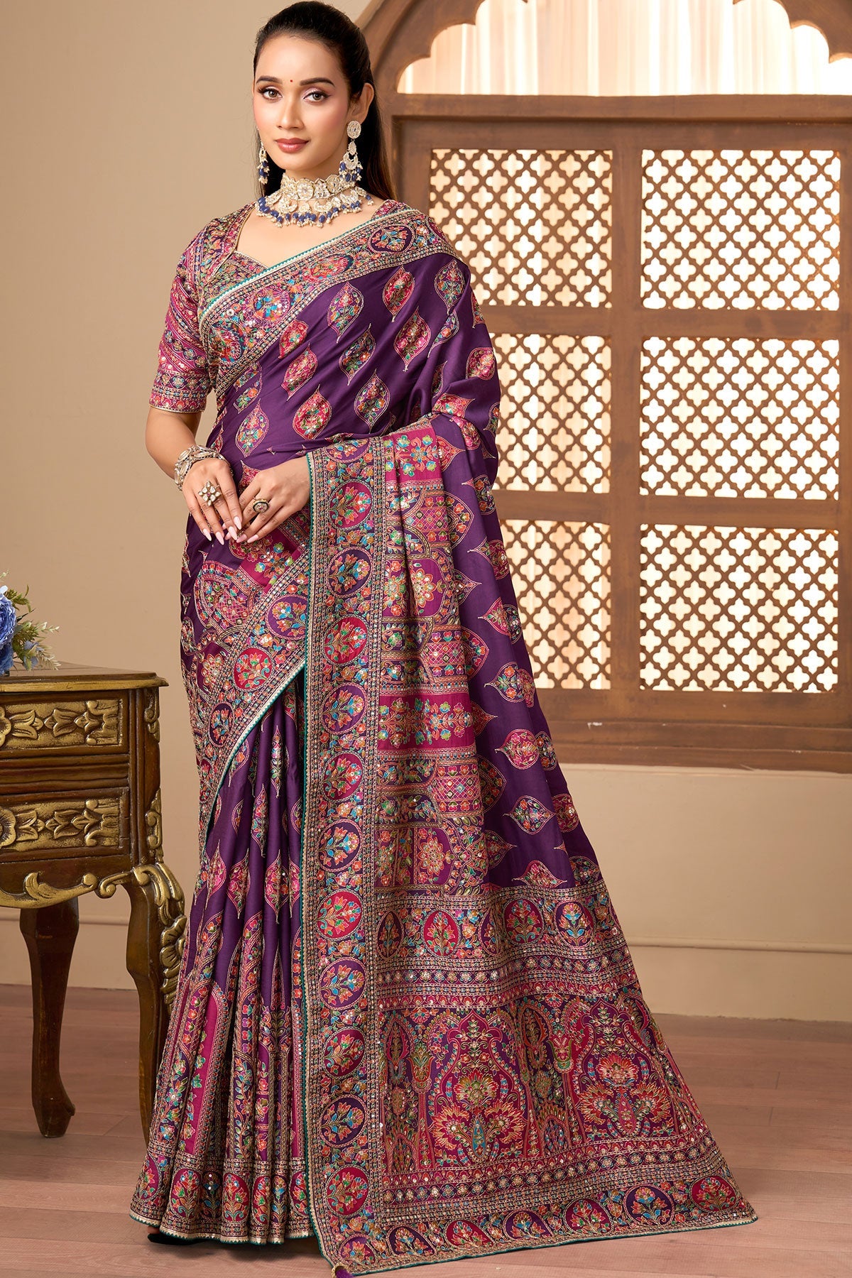Purple printed satin silk embellished saree