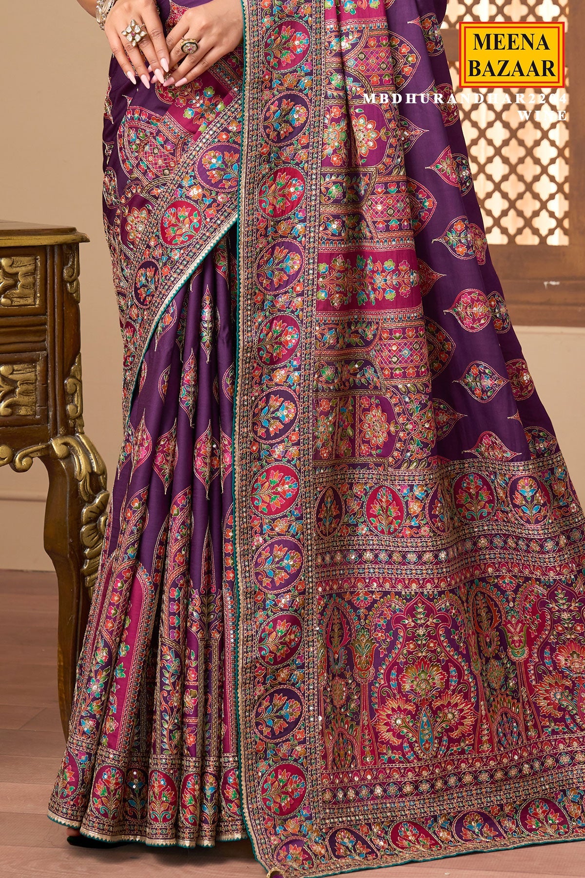 Purple printed satin silk embellished saree