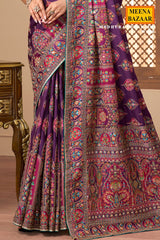 Purple printed satin silk embellished saree