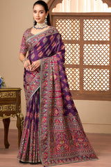 Purple printed satin silk embellished saree