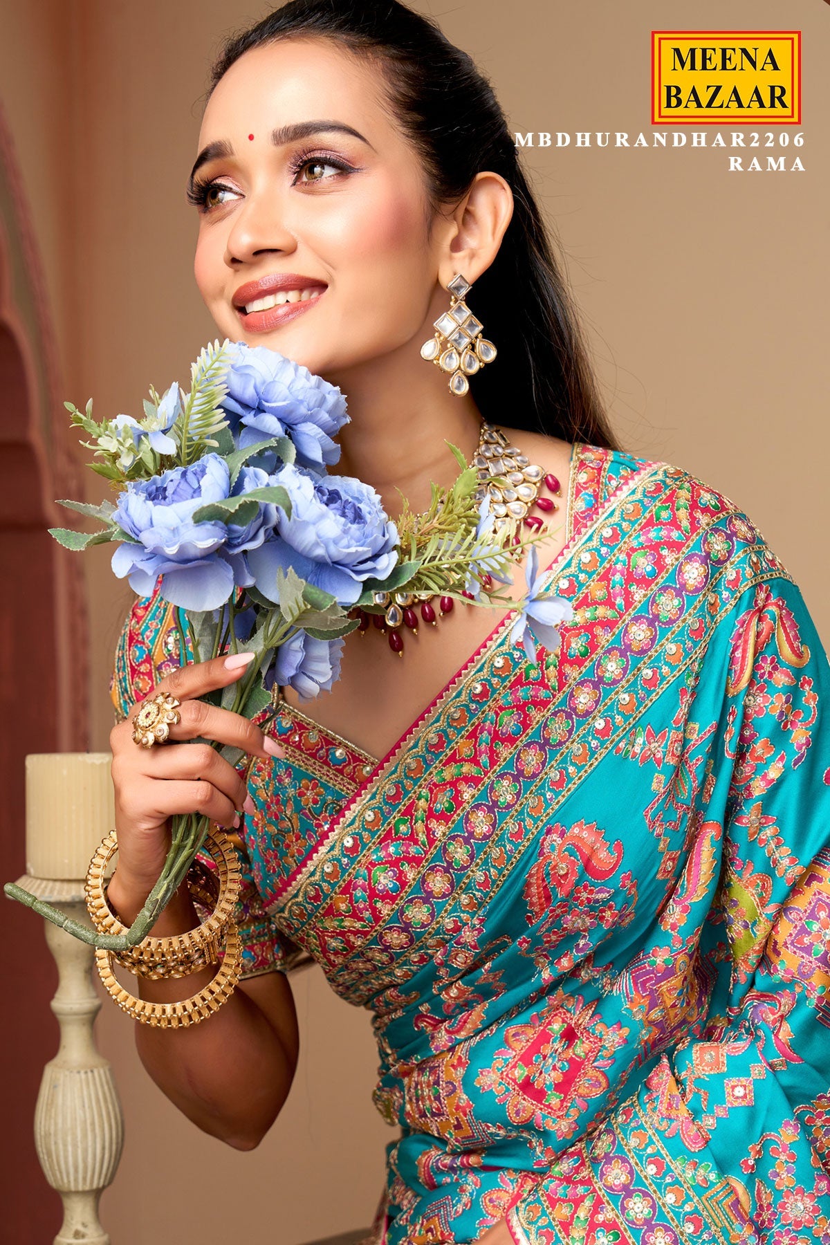 Aqua blue printed satin silk wedding wear saree