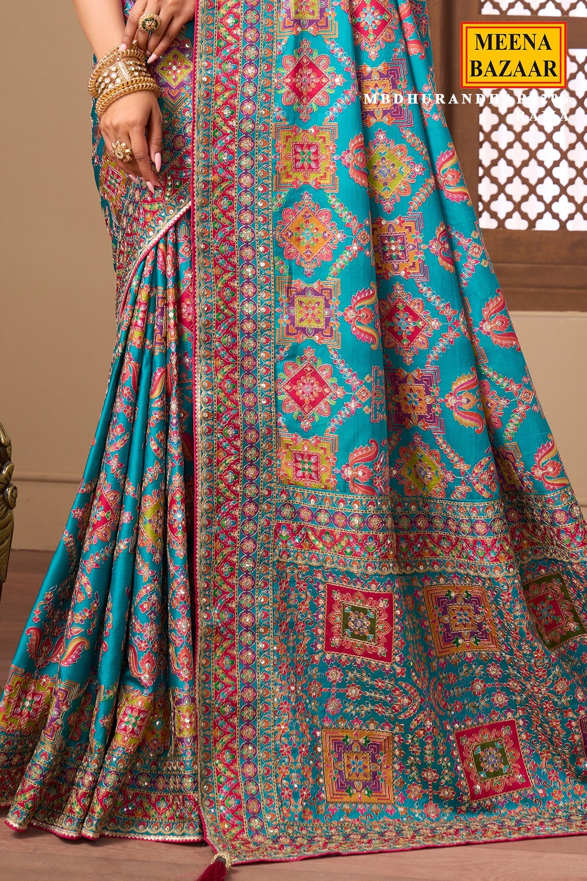 Aqua blue printed satin silk wedding wear saree