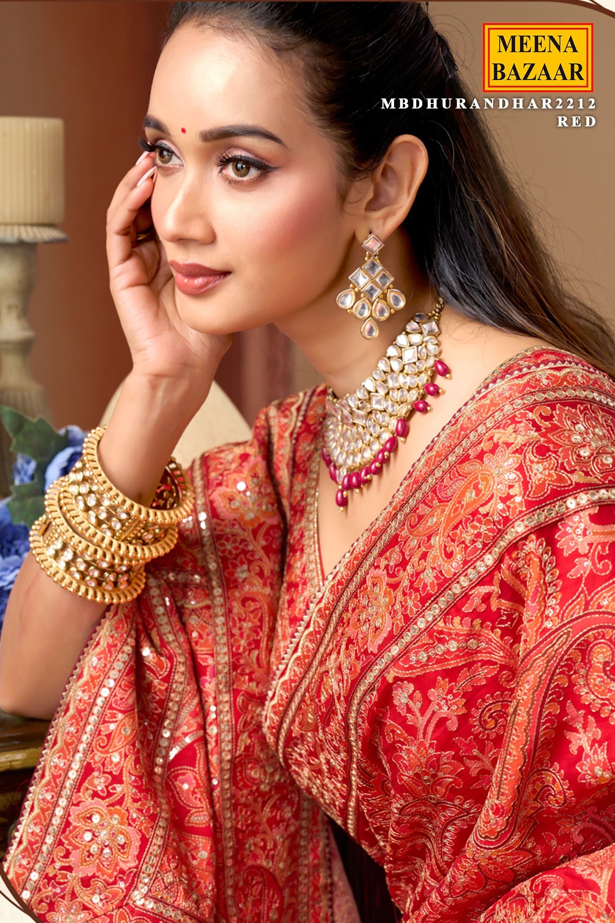 Red Printed Satin Silk Saree with Readymade Blouse