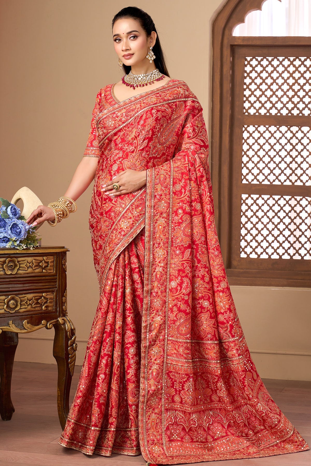 Red Printed Satin Silk Saree with Readymade Blouse