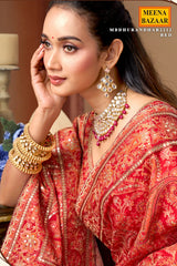 Red Printed Satin Silk Saree with Readymade Blouse