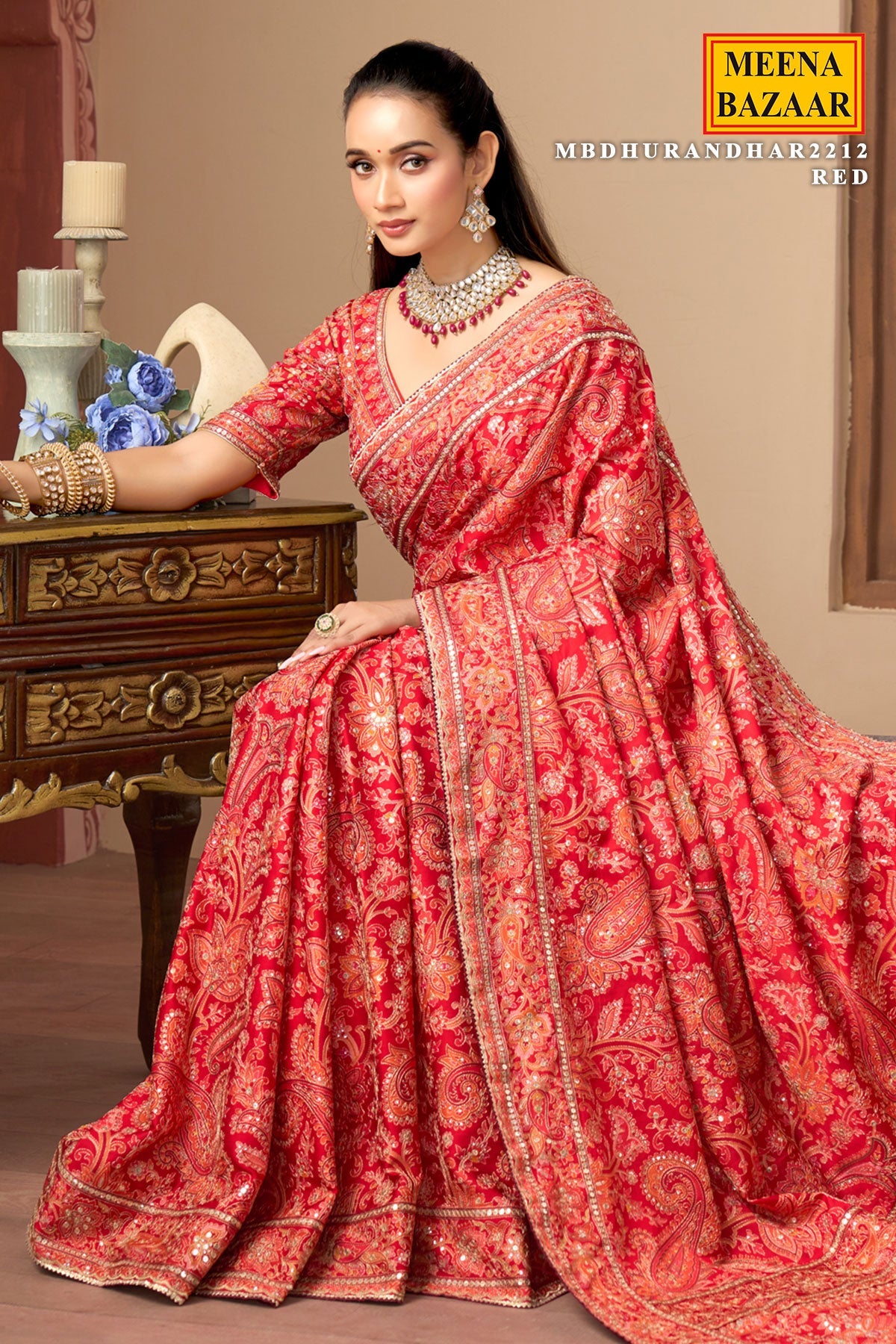 Red Printed Satin Silk Saree with Readymade Blouse