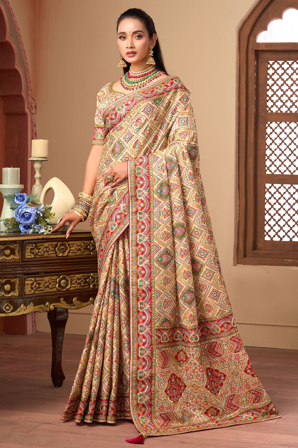 Cream printed satin silk embellished saree