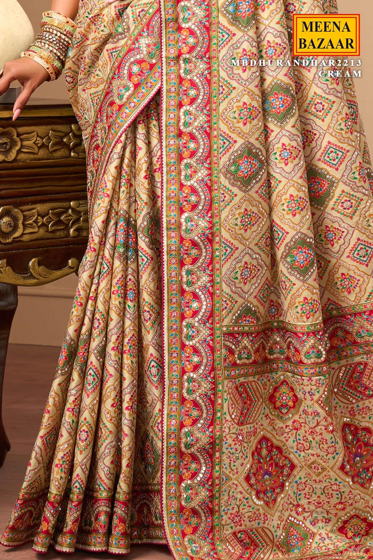 Cream printed satin silk embellished saree
