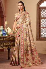 Cream printed satin silk embellished saree