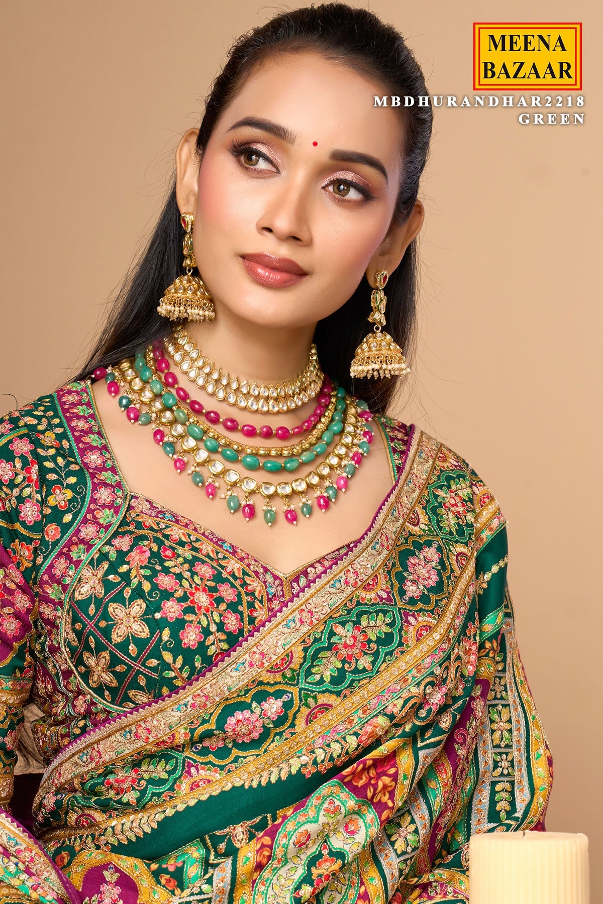 Green Satin Silk Printed Saree with Ready-Made Blouse
