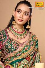 Green Satin Silk Printed Saree with Ready-Made Blouse