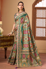 Green Satin Silk Printed Saree with Ready-Made Blouse