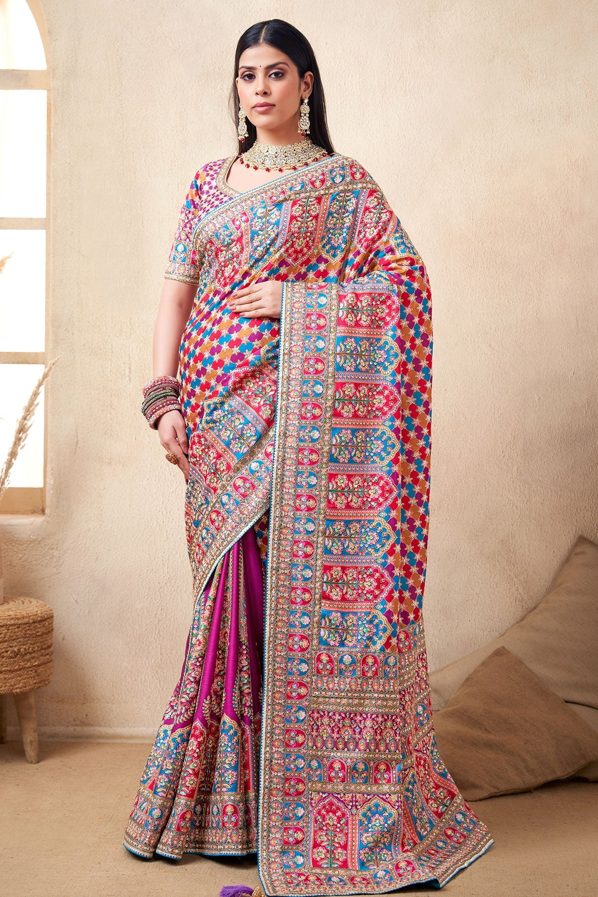 Purple Satin Silk Printed Designer Saree with Ready-Made Blouse