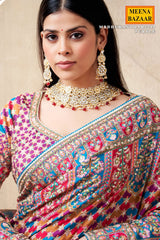 Purple Satin Silk Printed Designer Saree with Ready-Made Blouse