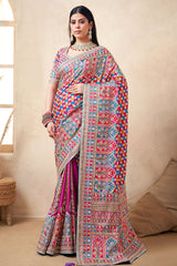 Purple Satin Silk Printed Designer Saree with Ready-Made Blouse
