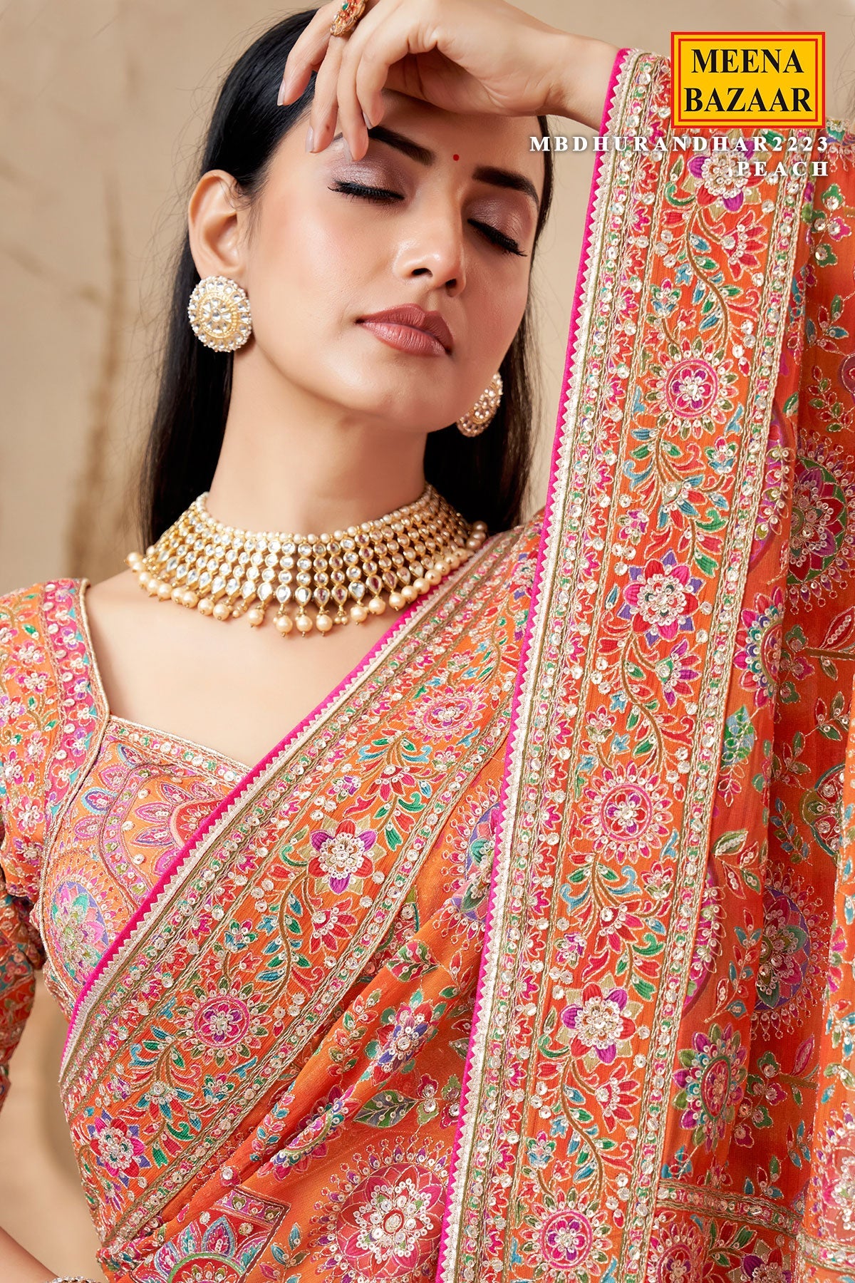 Peach Satin Silk Printed Designer Saree with Ready-Made Blouse