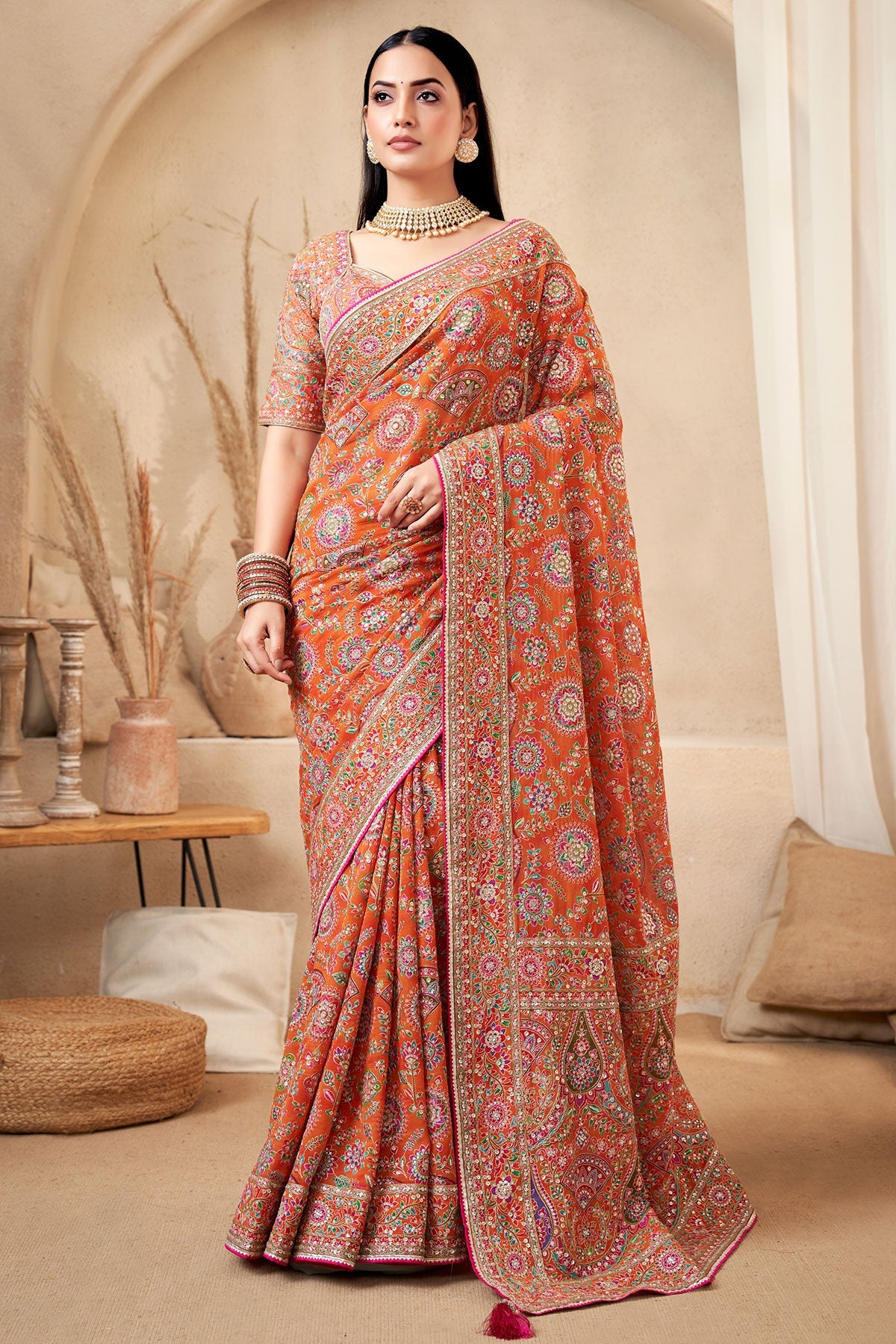 Peach Satin Silk Printed Designer Saree with Ready-Made Blouse