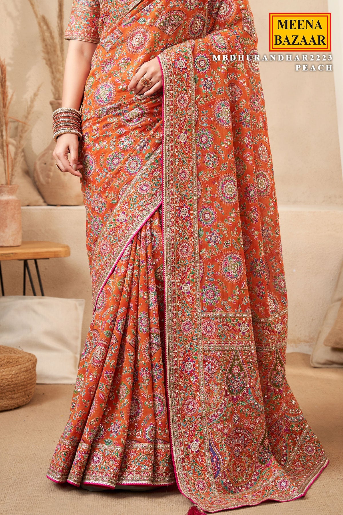 Peach Satin Silk Printed Designer Saree with Ready-Made Blouse