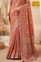 Peach Satin Silk Printed Designer Saree with Ready-Made Blouse
