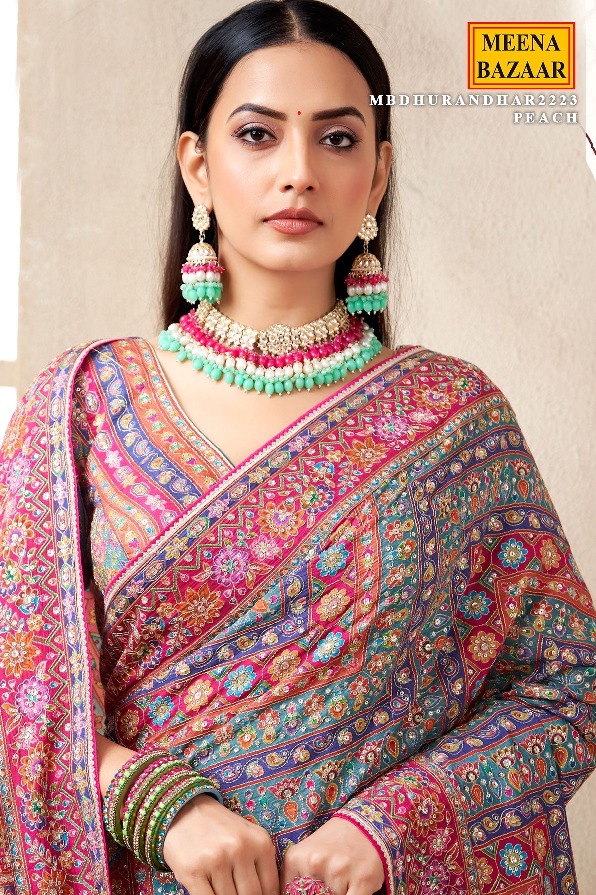 Firozi Satin Silk Printed Designer Saree with Ready-Made Blouse