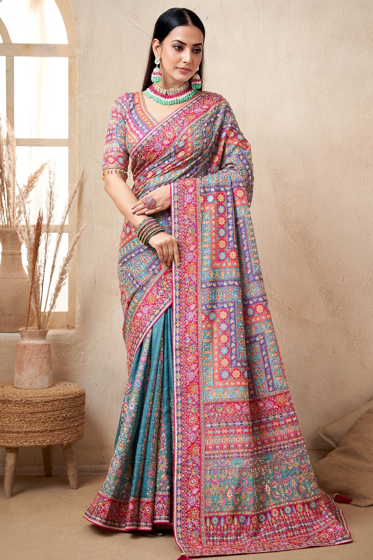 Firozi Satin Silk Printed Designer Saree with Ready-Made Blouse