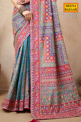 Firozi Satin Silk Printed Designer Saree with Ready-Made Blouse