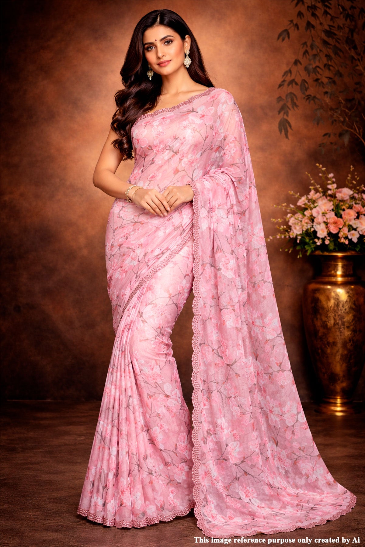 Peach Georgette Printed Saree with Digital Embellished Design
