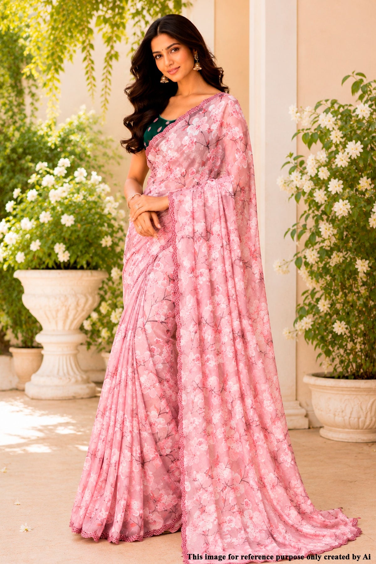 Peach Georgette Printed Saree with Digital Embellished Design