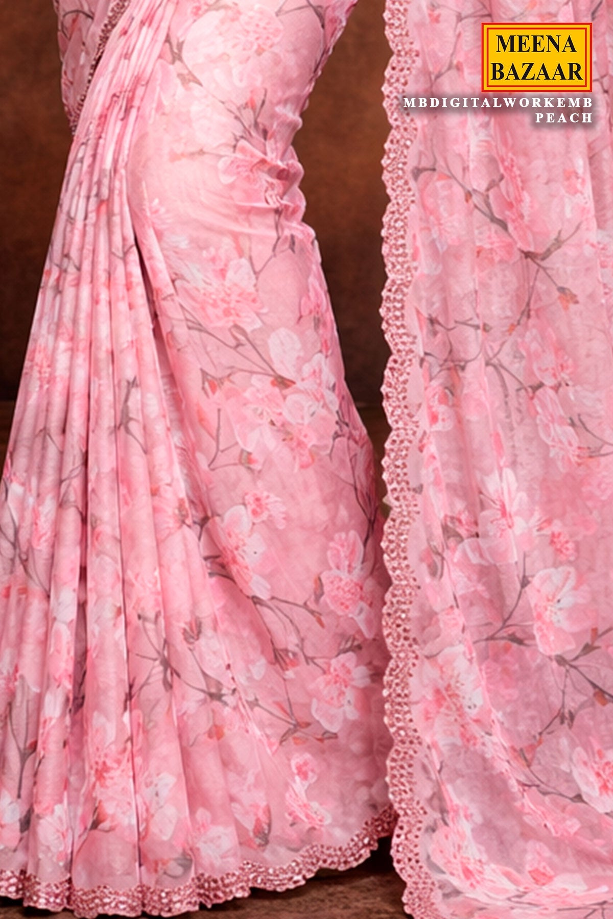 Peach Georgette Printed Saree with Digital Embellished Design