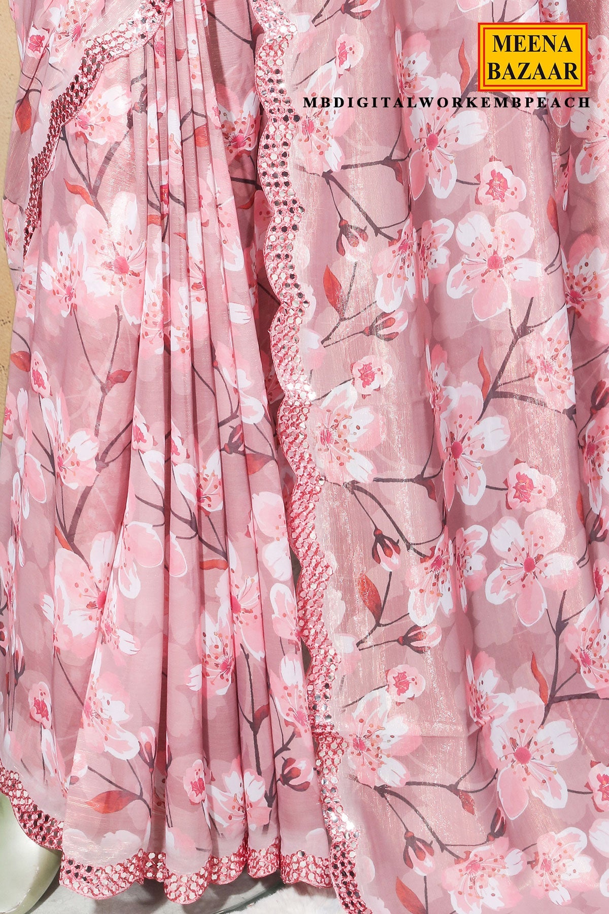 Peach Georgette Printed Saree with Digital Embellished Design