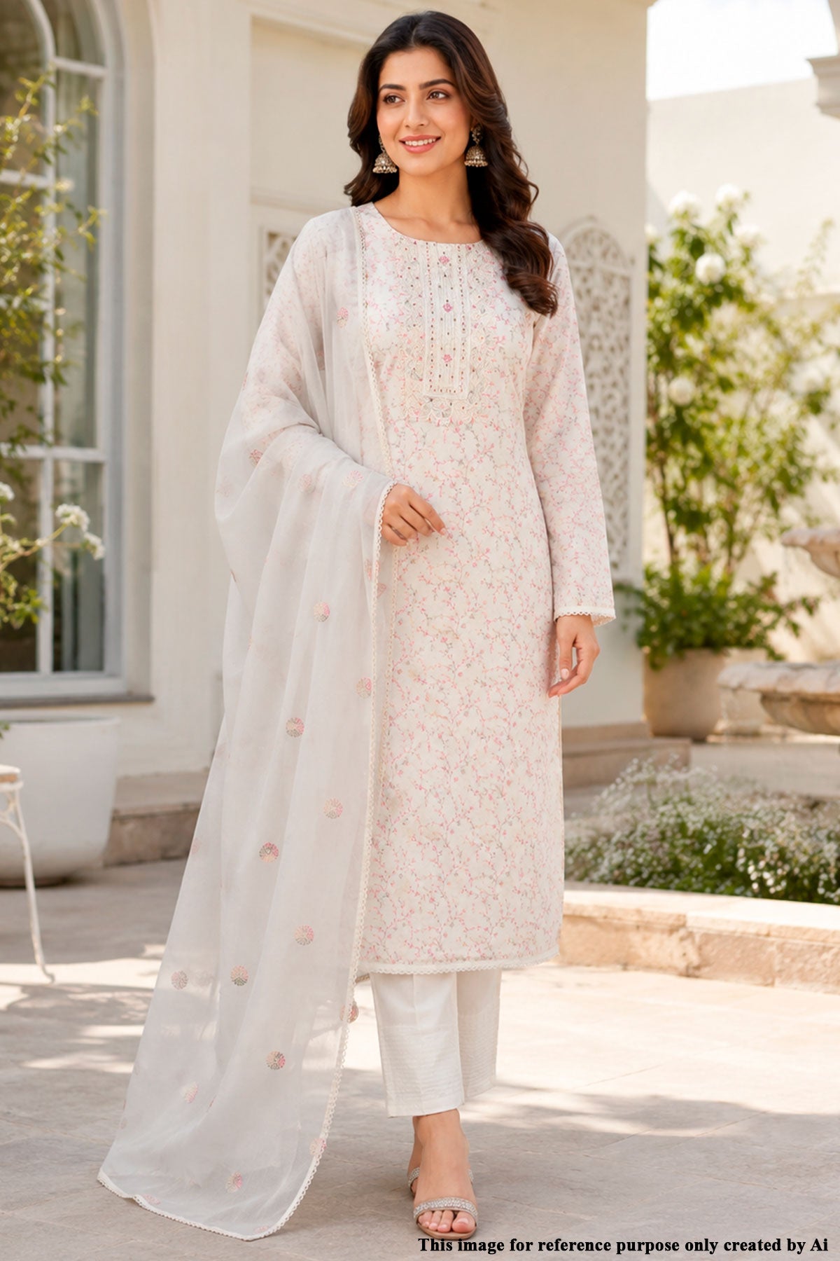 Cream Cotton Embroidered Unstitched Suit Set With Embroidered Dupatta