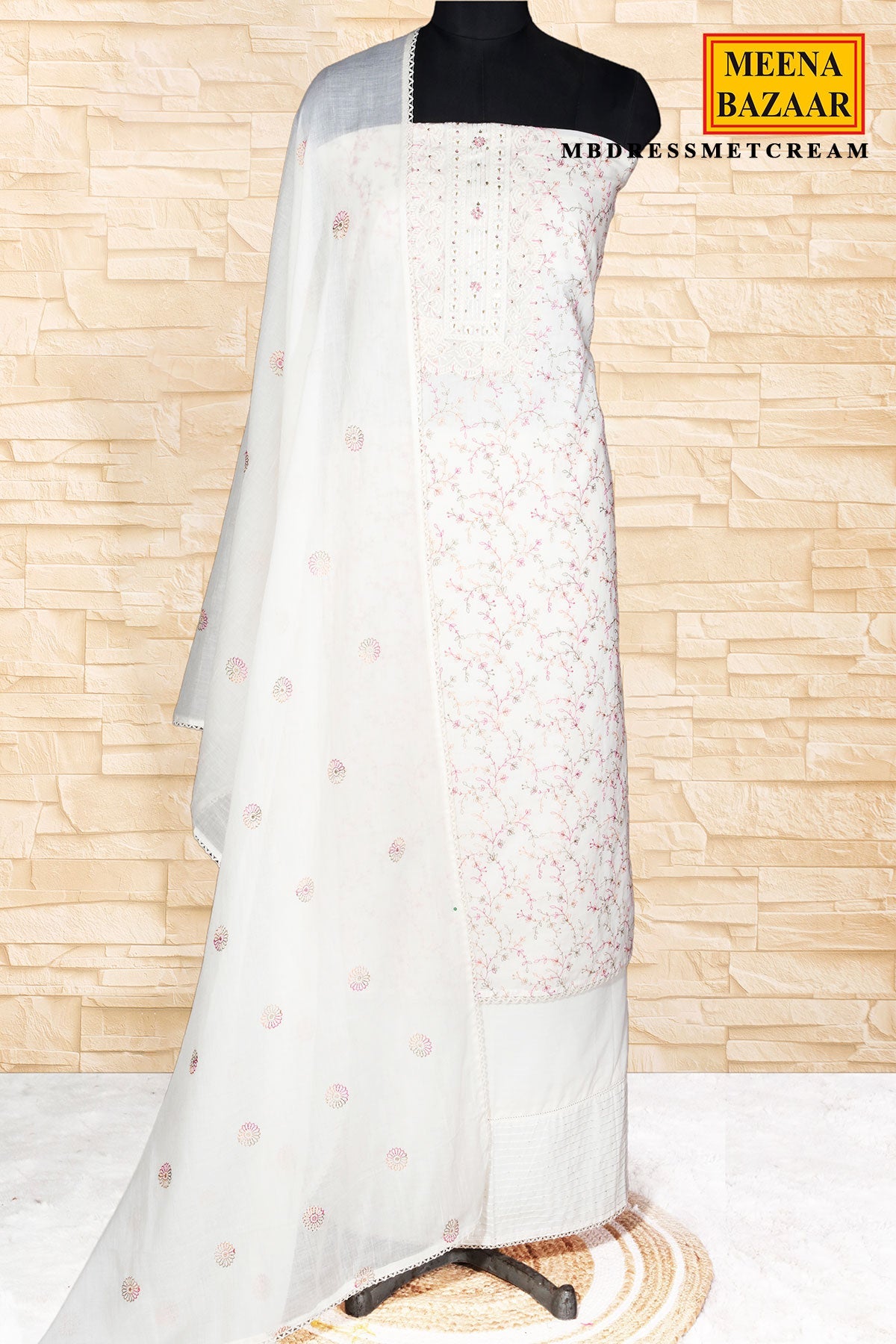 Cream Cotton Embroidered Unstitched Suit Set With Embroidered Dupatta