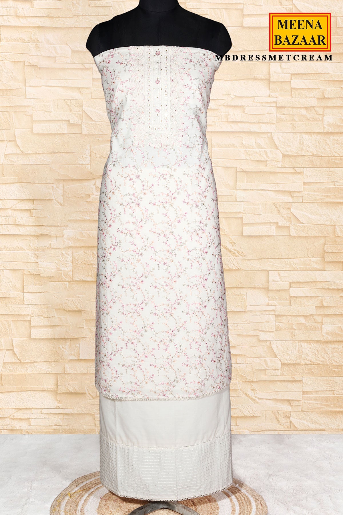 Cream Cotton Embroidered Unstitched Suit Set With Embroidered Dupatta