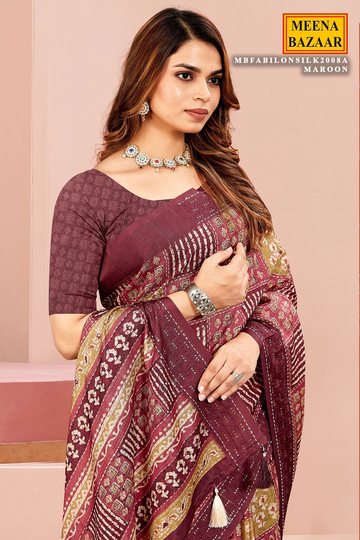 Maroon Cotton Saree with Elegant Embroidery & Artistic Prints