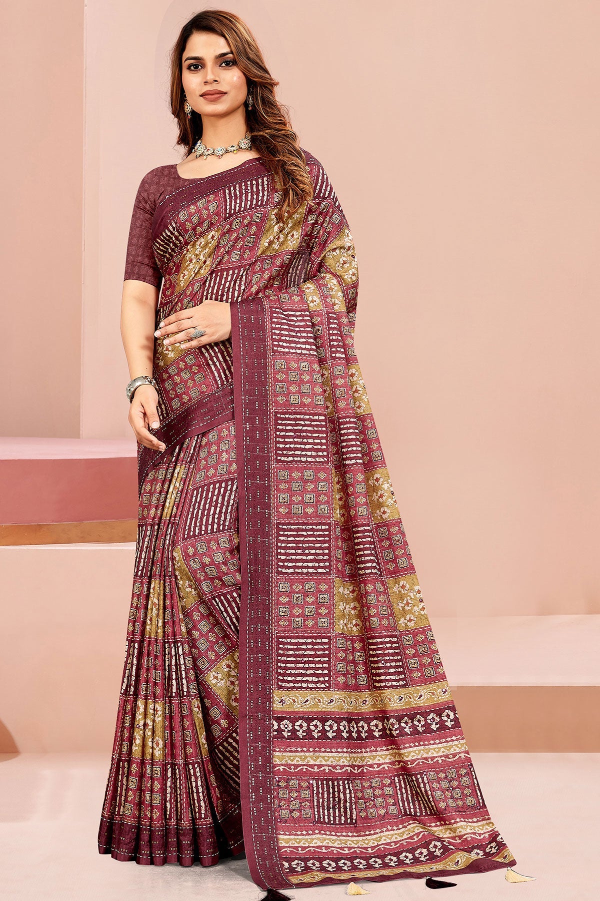 Maroon Cotton Saree with Elegant Embroidery & Artistic Prints